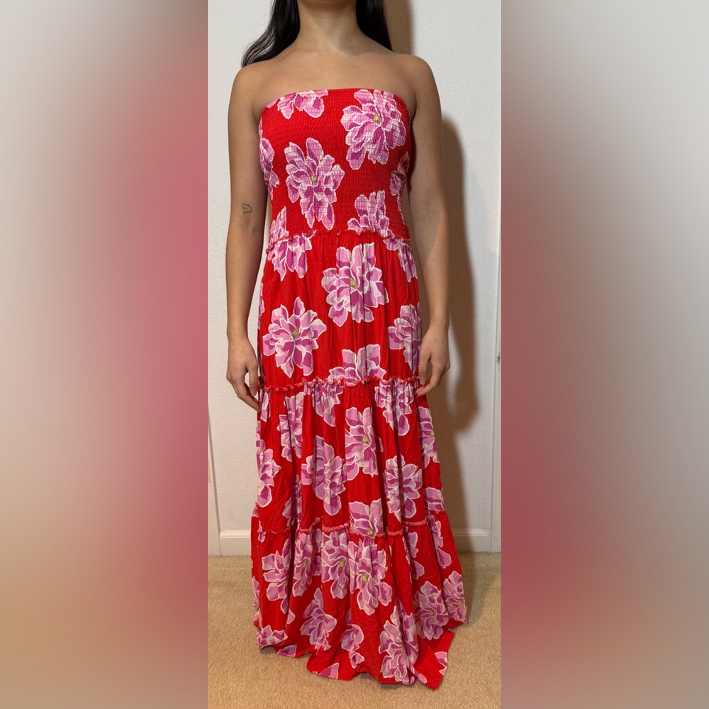 Abel the Label Anthropologie Red Floral Strapless Maxi Dress